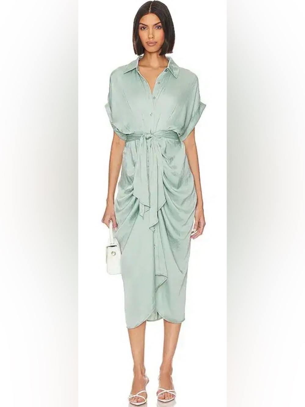 Steve Madden Sage Green Draped Midi Dress with Waist Tie